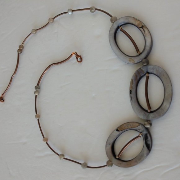 Handmade Gray And Brown Statement Necklace With Shells Agate Copper Plated Tubes - Picture 8 of 16